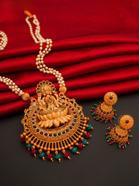 aadita Gold-Plated White & Red Pearl Beaded & Stone-Studded Temple Jewellery Set