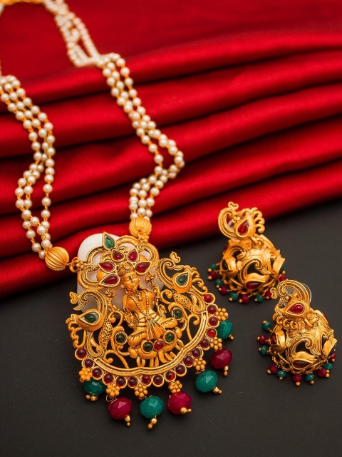 aadita Gold-Plated White & Red Pearl Beaded & Stone-Studded Temple Jewellery Set