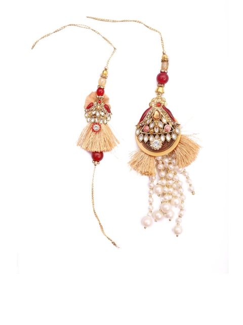 NAMASYA Red & Gold-Toned Bhaiya Babhi Rakhi Set
