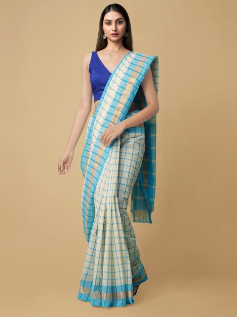 Unnati Silks Cream-Coloured & Turquoise Blue Checked Zari Pure Cotton Mangalagiri Saree
Unnati Silks Cream-Coloured & Turquoise Blue Checked Zari Pure Cotton Mangalagiri Saree
