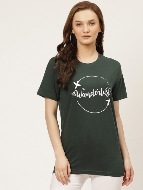 PRINTOCTOPUS Women Green & White Cotton Typography Printed T-shirt