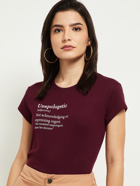 max Women Maroon Typography Extended Sleeves T-shirt