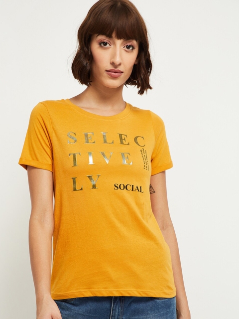 max Women Yellow Typography Printed T-shirt