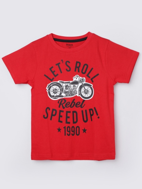 max Boys Red Typography Printed Applique T-shirt
