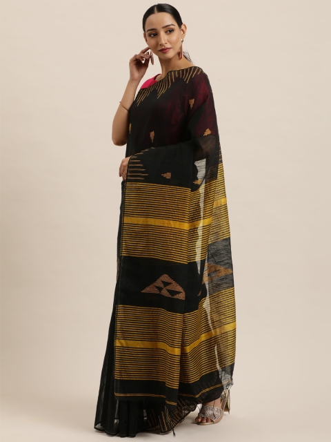Mitera Black & Gold-Toned Woven Design Silk Cotton Saree