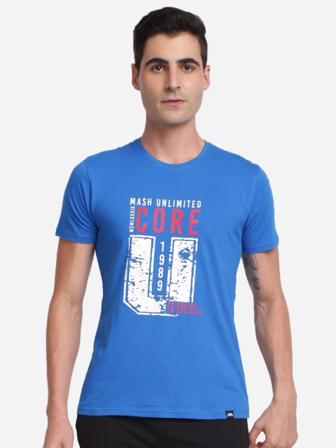 MASH UNLIMITED Men Blue & White Typography Printed Slim Fit T-shirt
