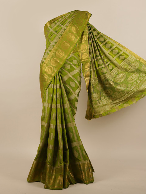 Pothys Green & Beige Geometric Woven Design Jute Silk Saree 
Pothys Green & Beige Geometric Woven Design Jute Silk Saree
