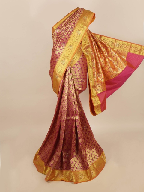 Pothys Magenta Pink & Yellow Ethnic Motifs Zari Saree