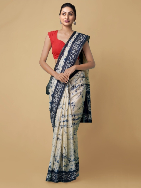 Unnati Silks Off White & Blue Batik Printed Pure Cotton Block Print Saree
