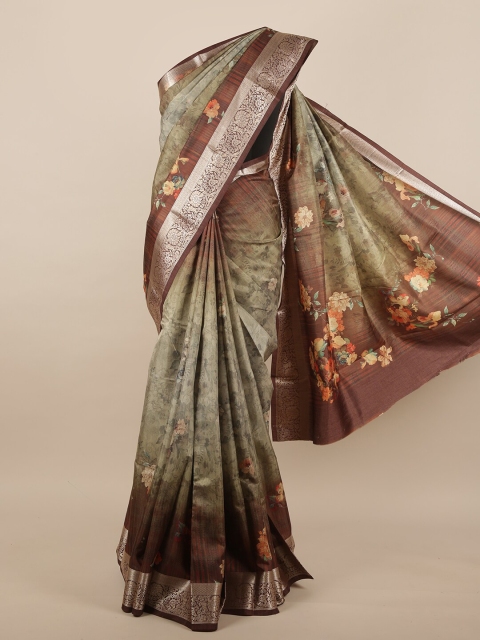 Pothys Green & Brown Floral Jute Silk Saree