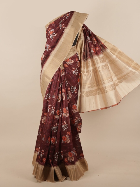 Pothys Brown & Gold-Toned Floral Jute Silk Saree