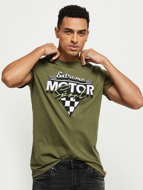 max Men Green Typography Printed Pure Cotton T-shirt