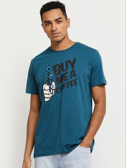 max Men Teal Green Typography Printed Pure Cotton T-shirt