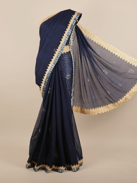 Pothys Navy Blue & Gold-Toned Ethnic Motifs Embroidered Saree