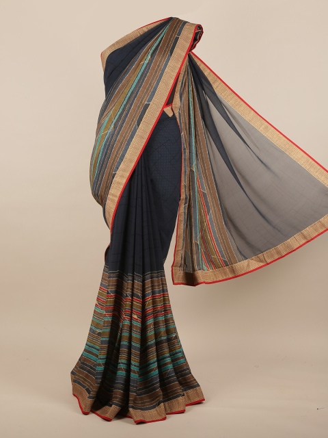 Pothys Navy Blue & Red Striped Zari Saree
