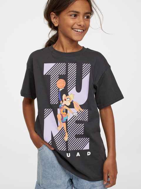 H&M Girls Charcoal Grey Looney Tunes Printed Oversized Cotton T-shirt