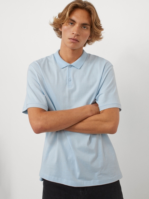 H&M Men Blue Solid Regular Fit Cotton Polo Shirt