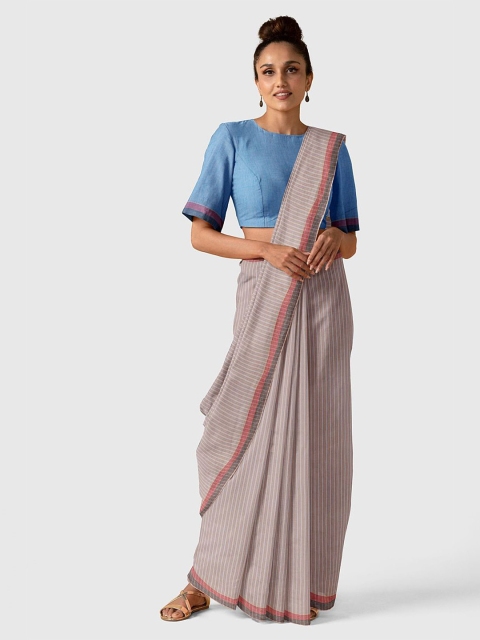 Taneira Brown & Blue Striped Pure South Cotton Saree