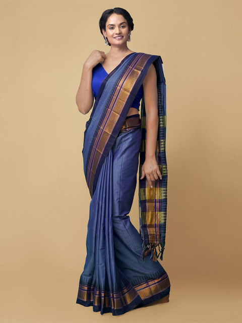 Unnati Silks Blue & Gold-Coloured Pure Handloom Sustainable Silk Cotton Narayan Peth Saree
Unnati Silks Blue & Gold-Coloured Pure Handloom Sustainable Silk Cotton Narayan Peth Saree