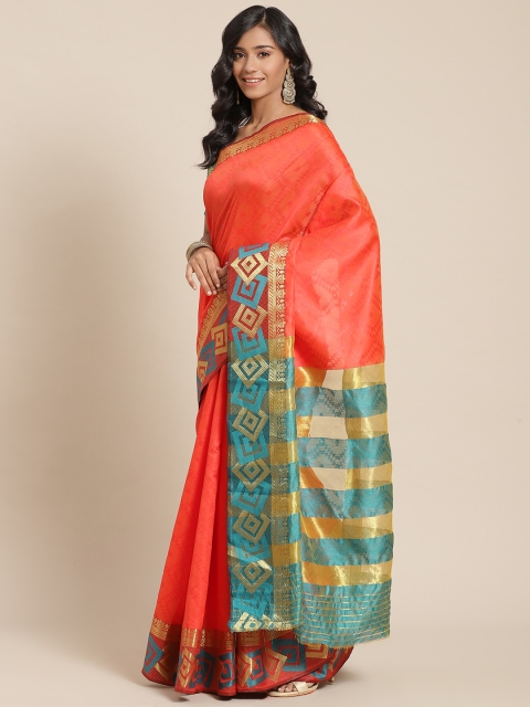 SUTRAM Red & Green Solid Saree With Woven Design Border