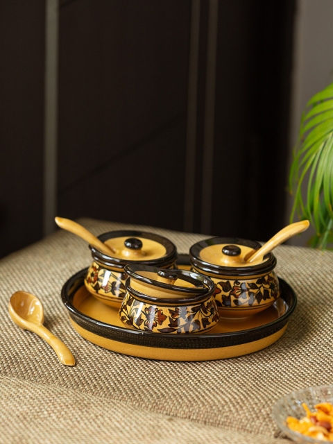 ExclusiveLane Set Of 3 Brown & Yellow Hand-Painted Ceramic Chutney & Pickle Jar Set With Tray & Spoon
ExclusiveLane Set Of 3 Brown & Yellow Hand-Painted Ceramic Chutney & Pickle Jar Set With Tray & Spoon