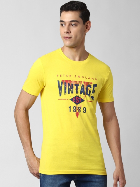 Peter England Casuals Men Yellow and Blue Typography Printed Slim Fit T-shirt