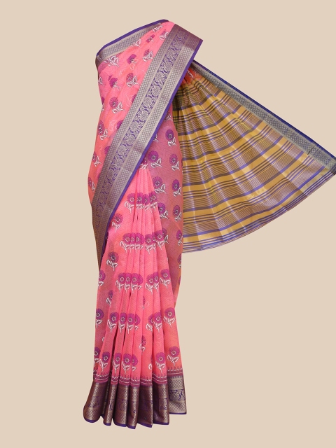 The Chennai Silks Pink & Blue Floral Chanderi Saree