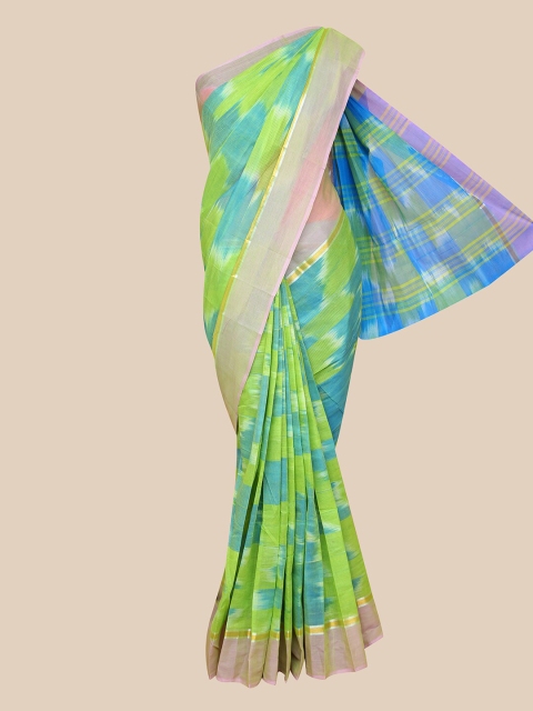 The Chennai Silks Green & Blue Printed Fusion Saree