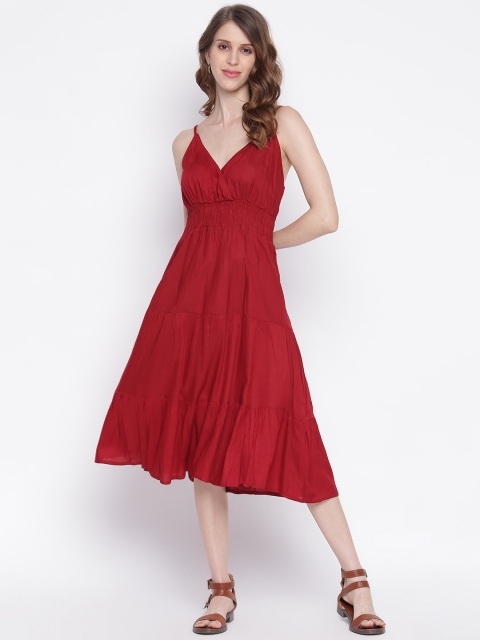 INIESTA Women Solid Maroon Empire Tiered Midi Dress