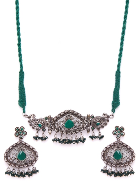 GloBox By ZeroKaata Oxidised Silver-Plated & Green Gemstone-Studded & Beaded Antique Jewellery Set
GloBox By ZeroKaata Oxidised Silver-Plated & Green Gemstone-Studded & Beaded Antique Jewellery Set