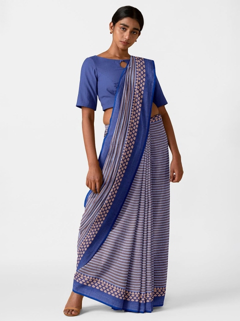 Taneira Blue & Brown Striped Pure Cotton Chettinad Saree