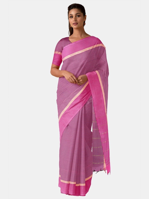 Taneira Purple & Pink Striped Pure Cotton Saree