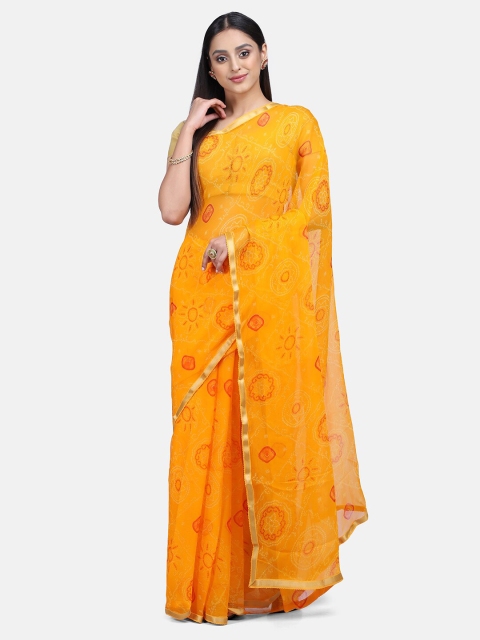 Mirraw Yellow & Red Bandhani Printed Pure Chiffon Saree