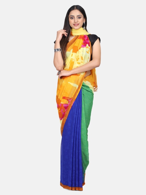 Mirraw Yellow & Green Colourblocked Pure Chiffon Fusion Saree