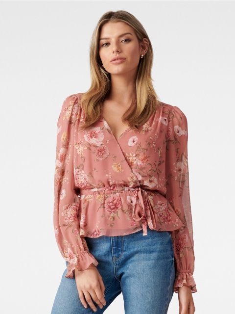 Forever New Pink Floral Printed Wrap Crop Top