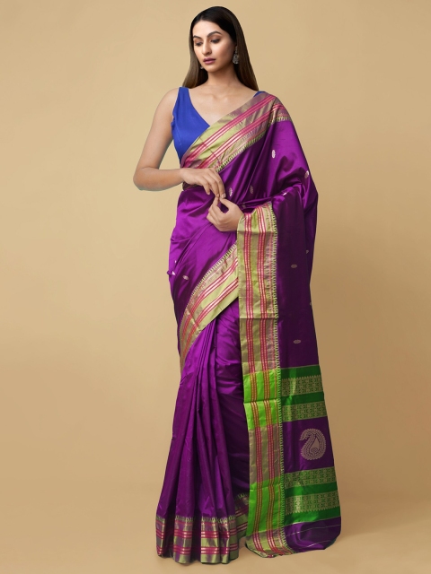 Unnati Silks Purple & Green Ethnic Motifs Zari Silk Cotton Narayan Sustainable Peth Saree
Unnati Silks Purple & Green Ethnic Motifs Zari Silk Cotton Narayan Sustainable Peth Saree