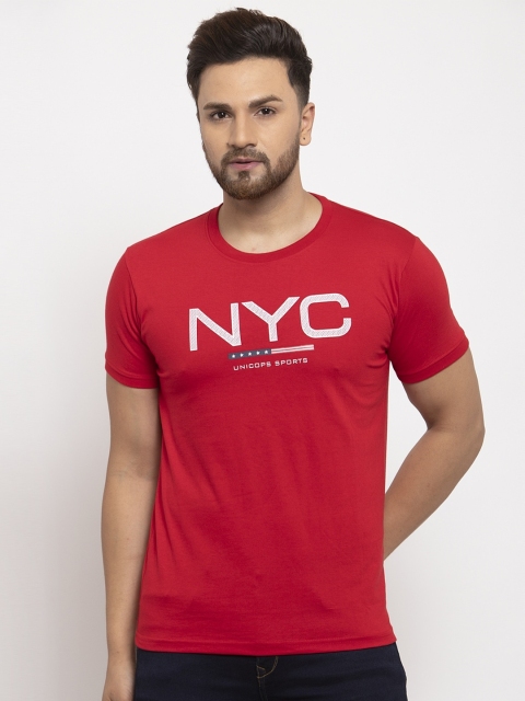 UNICOPS Men Red Typography Printed Applique T-shirt