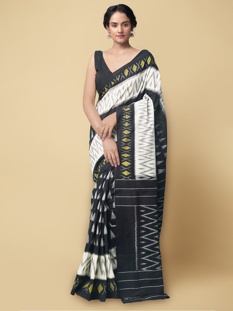 Unnati Silks Black & White Ikat Woven Design Pure Handloom Cotton Pochampally Saree
Unnati Silks Black & White Ikat Woven Design Pure Handloom Cotton Pochampally Saree