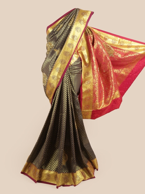 Pothys Navy Blue & Red Floral Pure Silk Saree