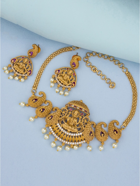 Alankruthi Gold-Plated White & Pink CZ-Studded & Pearl Beaded Temple Jewellery Set
Alankruthi Gold-Plated White & Pink CZ-Studded & Pearl Beaded Temple Jewellery Set