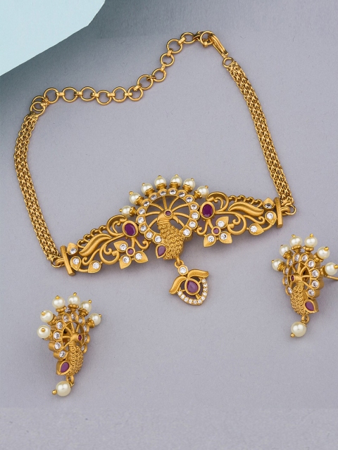 Alankruthi Gold-Plated White & Pink CZ-Studded & Pearl Beaded Temple Jewellery Set
Alankruthi Gold-Plated White & Pink CZ-Studded & Pearl Beaded Temple Jewellery Set