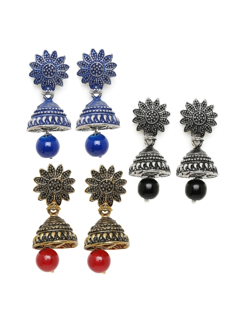 Mahi Pack of 3 Floral Jhumkas Earrings, Blue