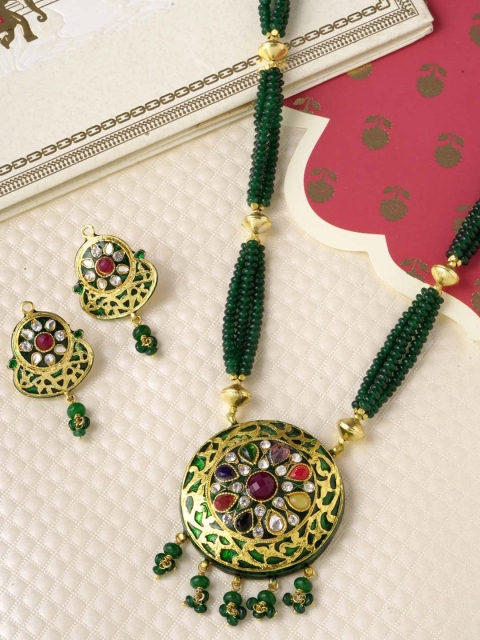 Tistabene Gold-Plated Green & White Stone-Studded Beaded Enamelled Traditional Jewellery Set
Tistabene Gold-Plated Green & White Stone-Studded Beaded Enamelled Traditional Jewellery Set