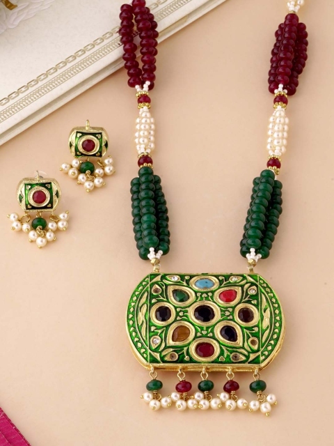 Tistabene Gold-Plated Cream-Coloured & Green Stone-Studded Beaded Enamelled Traditional Jewellery Set
Tistabene Gold-Plated Cream-Coloured & Green Stone-Studded Beaded Enamelled Traditional Jewellery Set