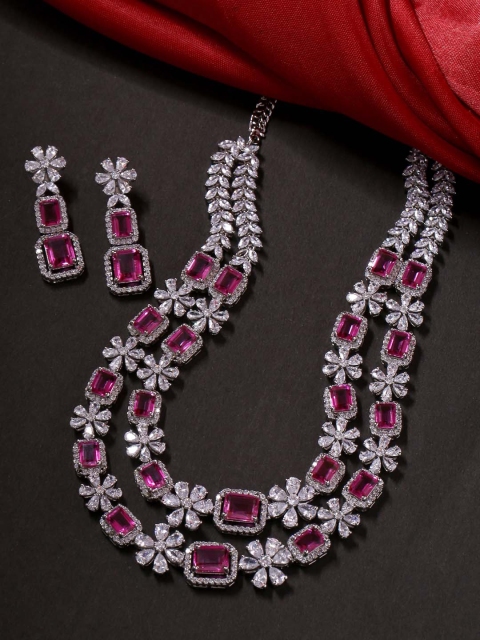 Tistabene Rhodium-Plated White & Pink Stone-Studded Contemporary Designer Jewellery Set