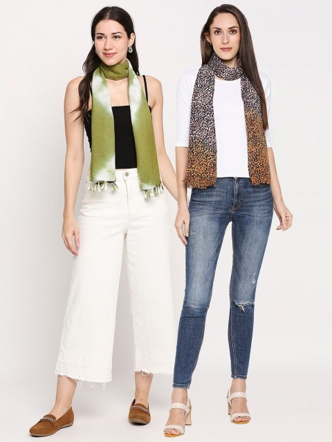 Get Wrapped Women Green & Black Set of 2 Printed Scarf