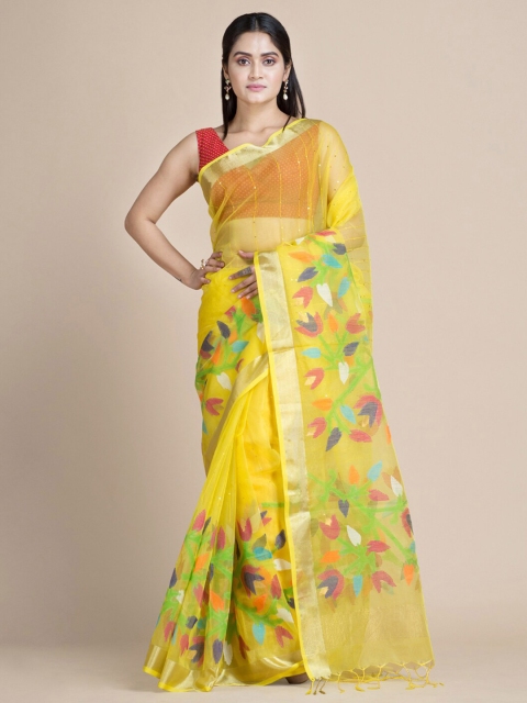 Mitera Yellow & Green Floral Pure Silk Jamdani Saree