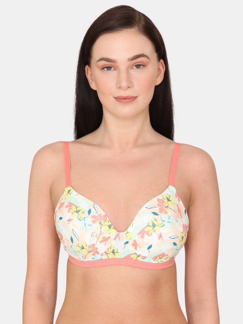 Zivame Pink & Sea Green Floral T-shirt Bra Half Coverage - Lightly Padded