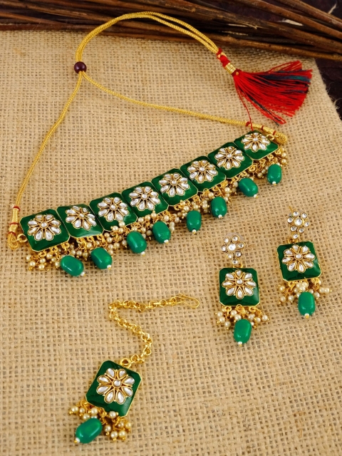 Crunchy Fashion Gold-Plated Green & White Kundan-Studded & Green & White Beaded Meenakari Jewellery Set
Crunchy Fashion Gold-Plated Green & White Kundan-Studded & Green & White Beaded Meenakari Jewellery Set