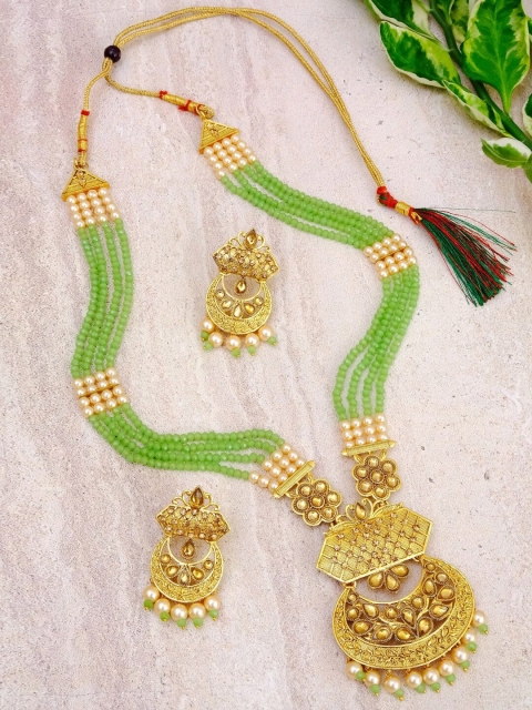 Crunchy Fashion Gold-Plated Green & Brown Stone-Studded Pearl Beaded Meenakari Jewellery Set
Crunchy Fashion Gold-Plated Green & Brown Stone-Studded Pearl Beaded Meenakari Jewellery Set
